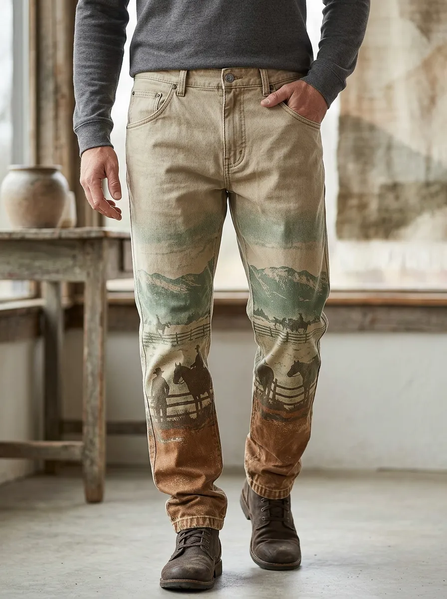Men's Western Cowboy Landscape Printed Pants