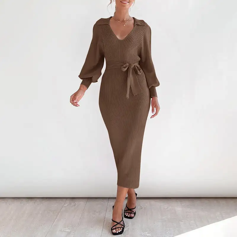 Women's V-Neck Sleeveless Knit Belted Dress