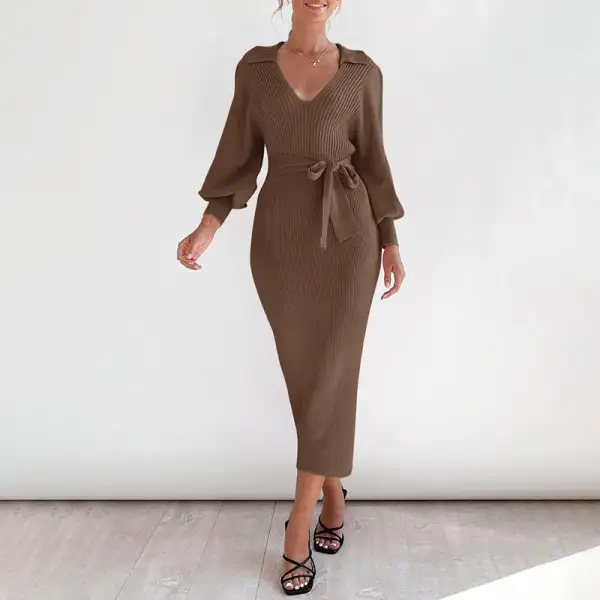 Women's V-Neck Sleeveless Knit Belted Dress