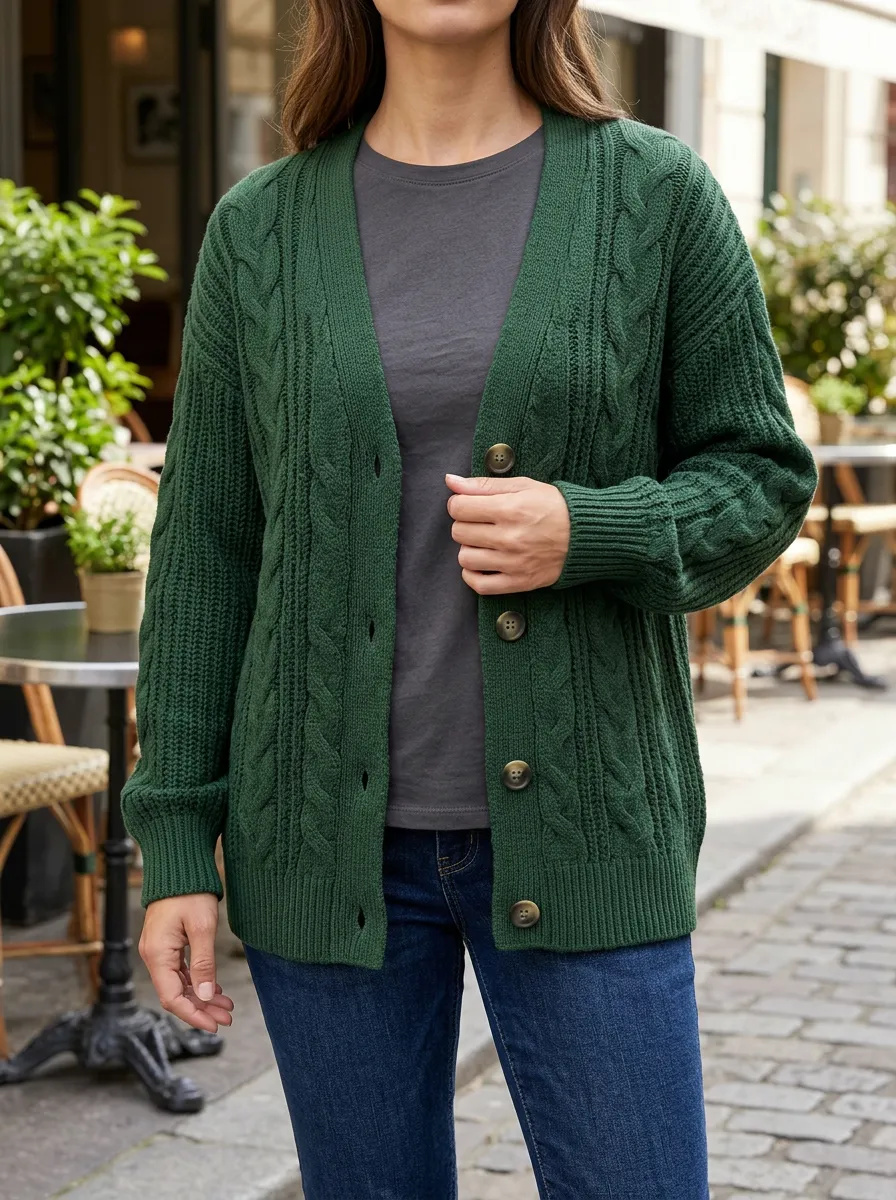 Women's Cable Knit Button Front V Neck Casual Cardigan