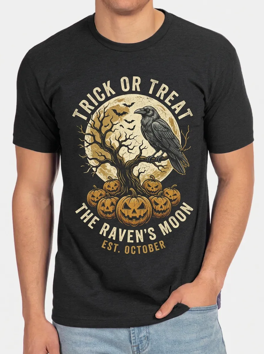 Men's Halloween Raven Pumpkin Moon Printed T-shirt