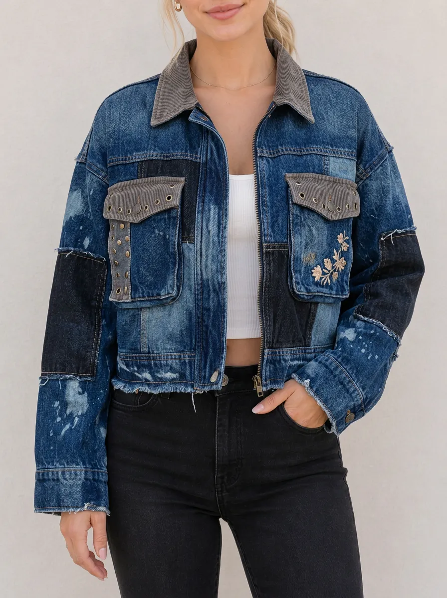 Women's Vintage Patchwork Floral Embroidered Denim Jacket