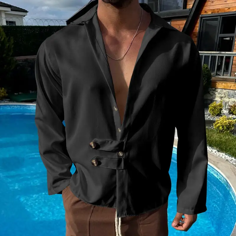 Men's Modern Long-sleeved Shirt With Deep Neckline And Asymmetrical Strap Look