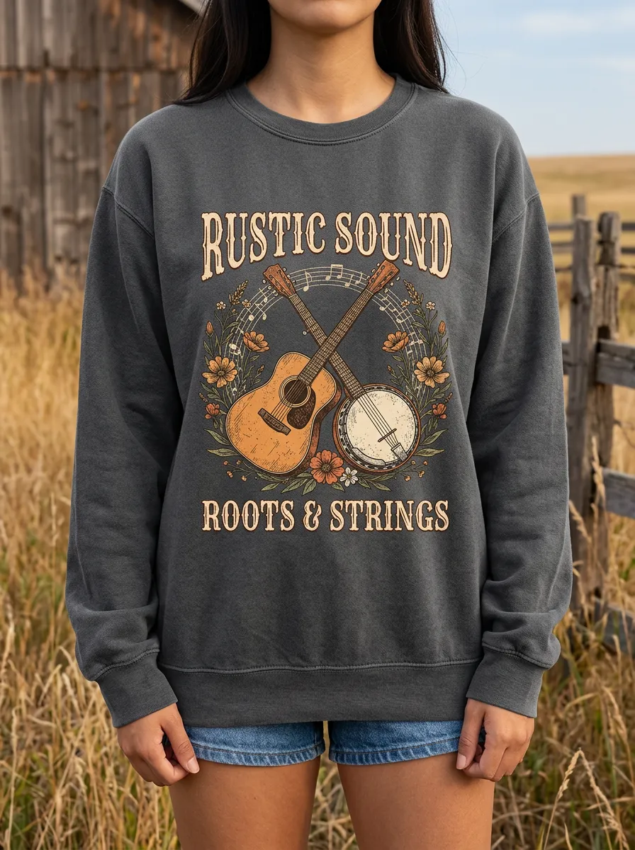 Western Music Banjo Guitar Theme Crewneck Sweatshirt