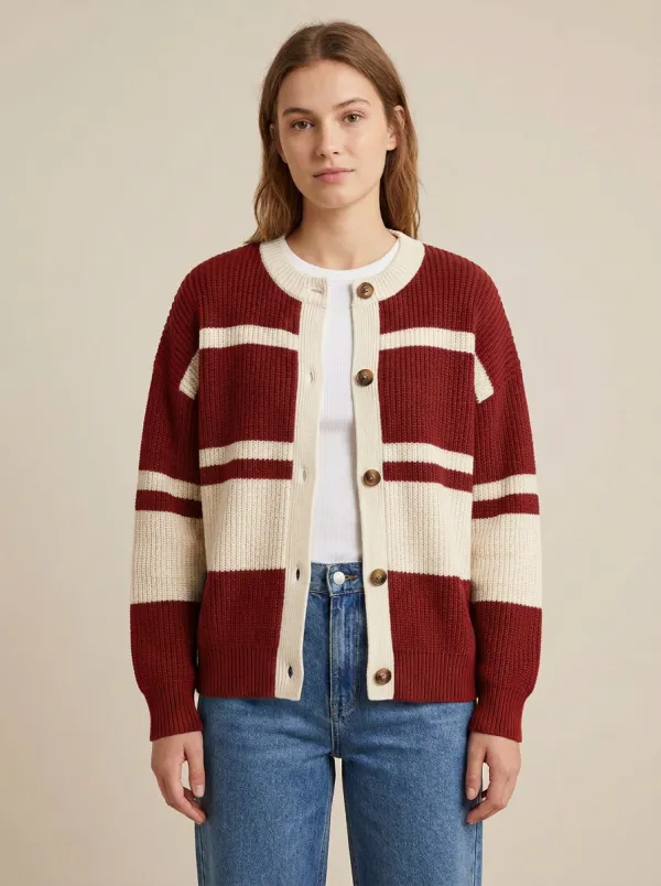 Sport Inspired Rugby Striped Button Front Knit Cardigan