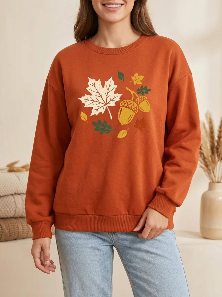 Layered Look Maple-Leaf Printed Acorn Graphic Sweatshirt