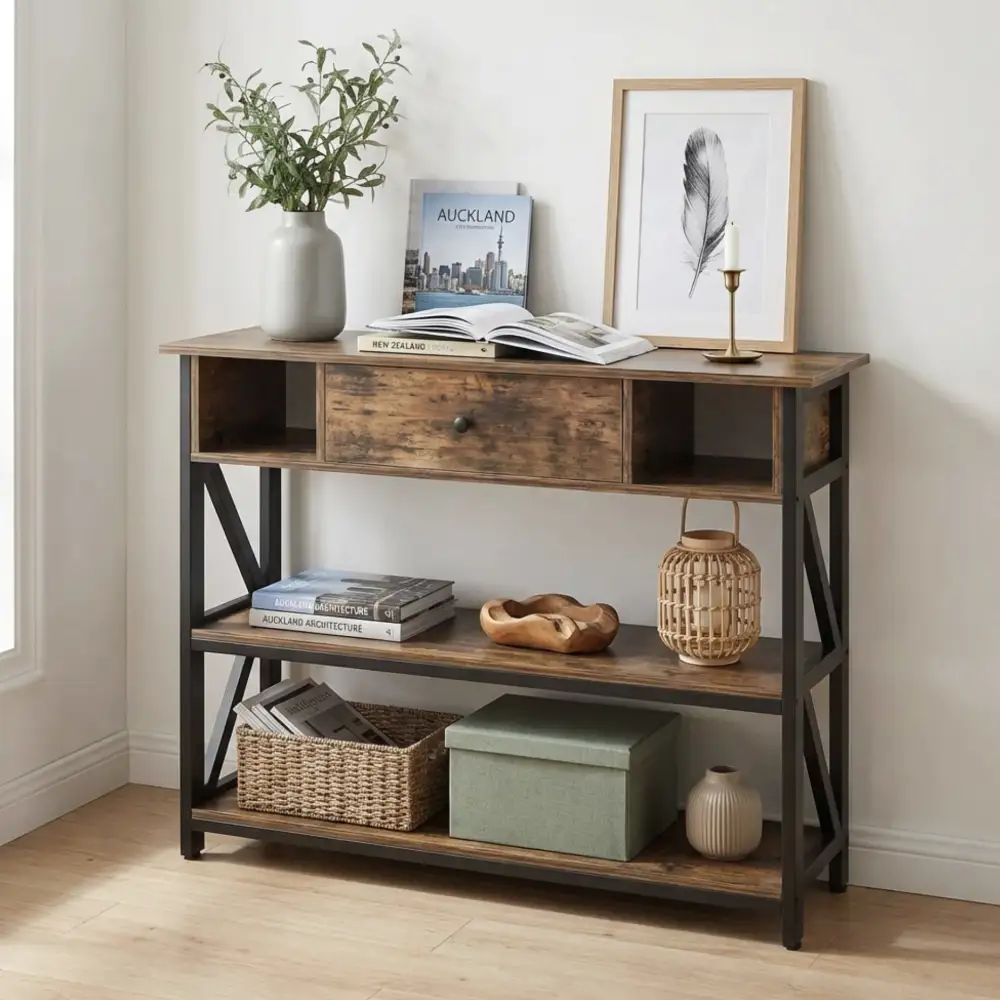 Warm Industrial Drawer Console Table