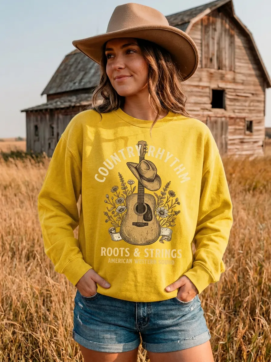 Guitar Cowboy-Hat Women's Country Music Crew Neck Sweatshirt