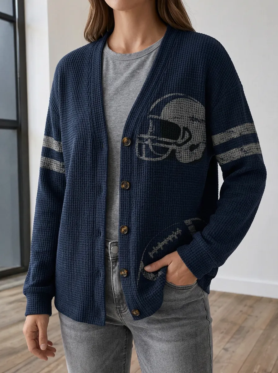 Women's Field Football Fan Helmet Printed Waffle Knit Cardigan