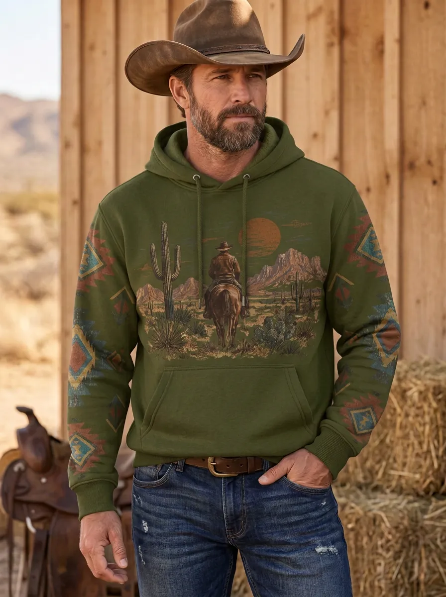 Men's Prairie Inspired Western Cowboy Cactus Desert Graphic Hoodie
