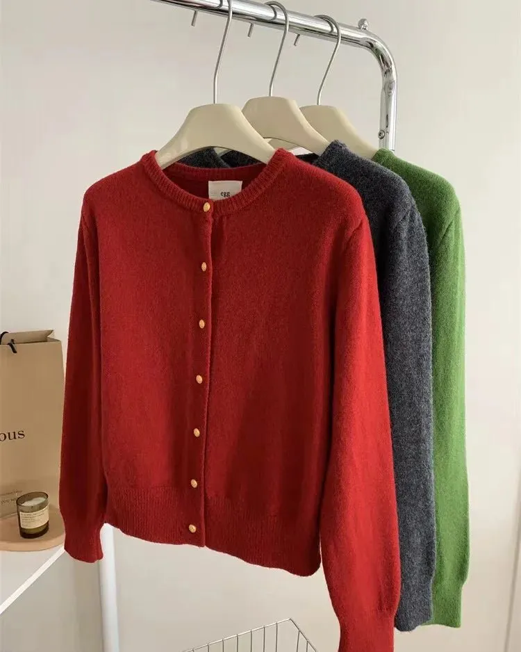 Classic Wool Button-Front Round-Neck Cardigan