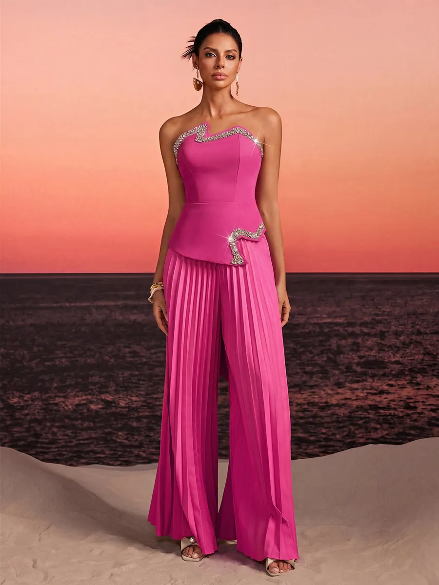 Zora Strapless Crystal Pleated Pants Set