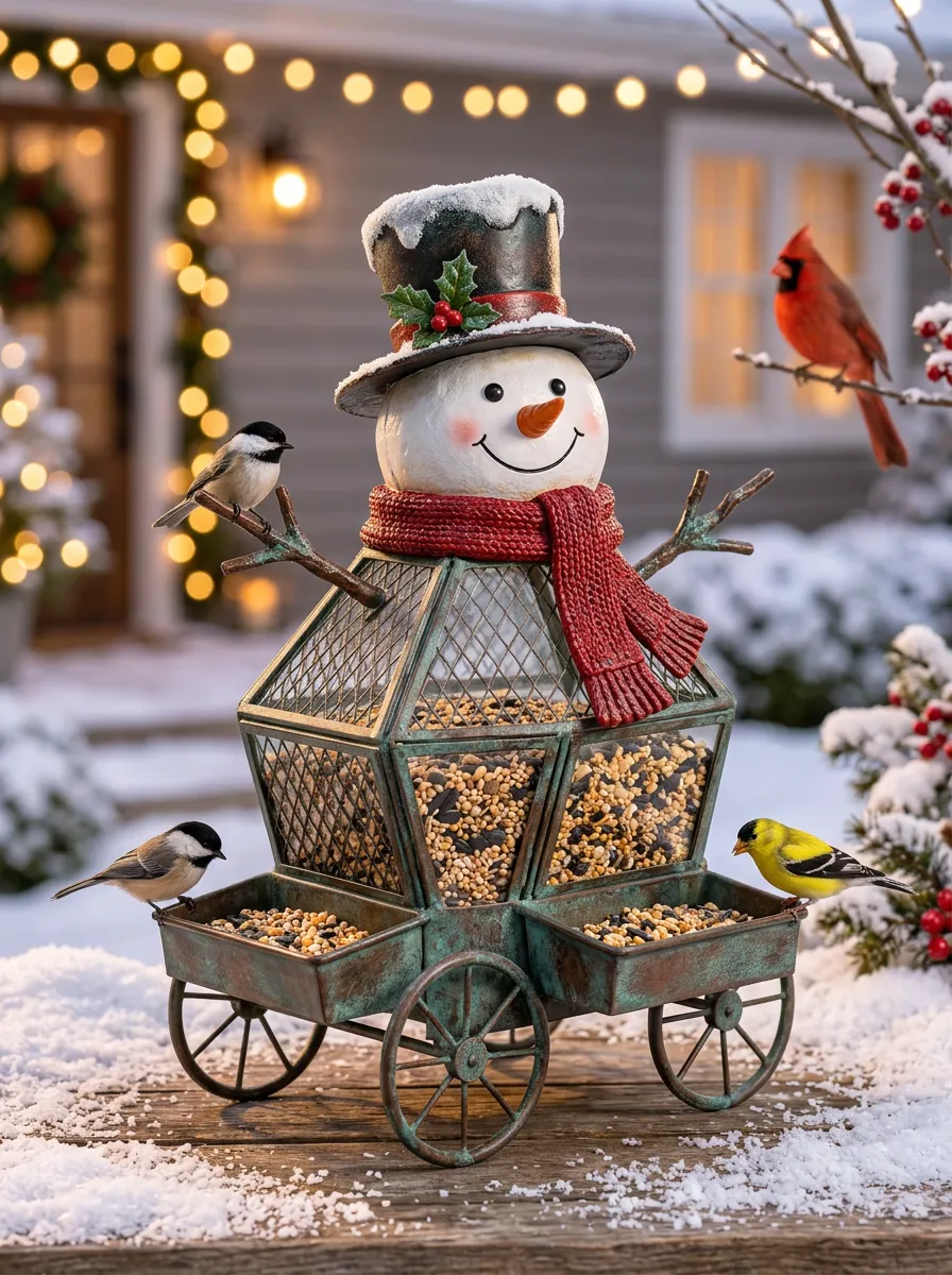 Snowman Cart Christmas Bird Feeder