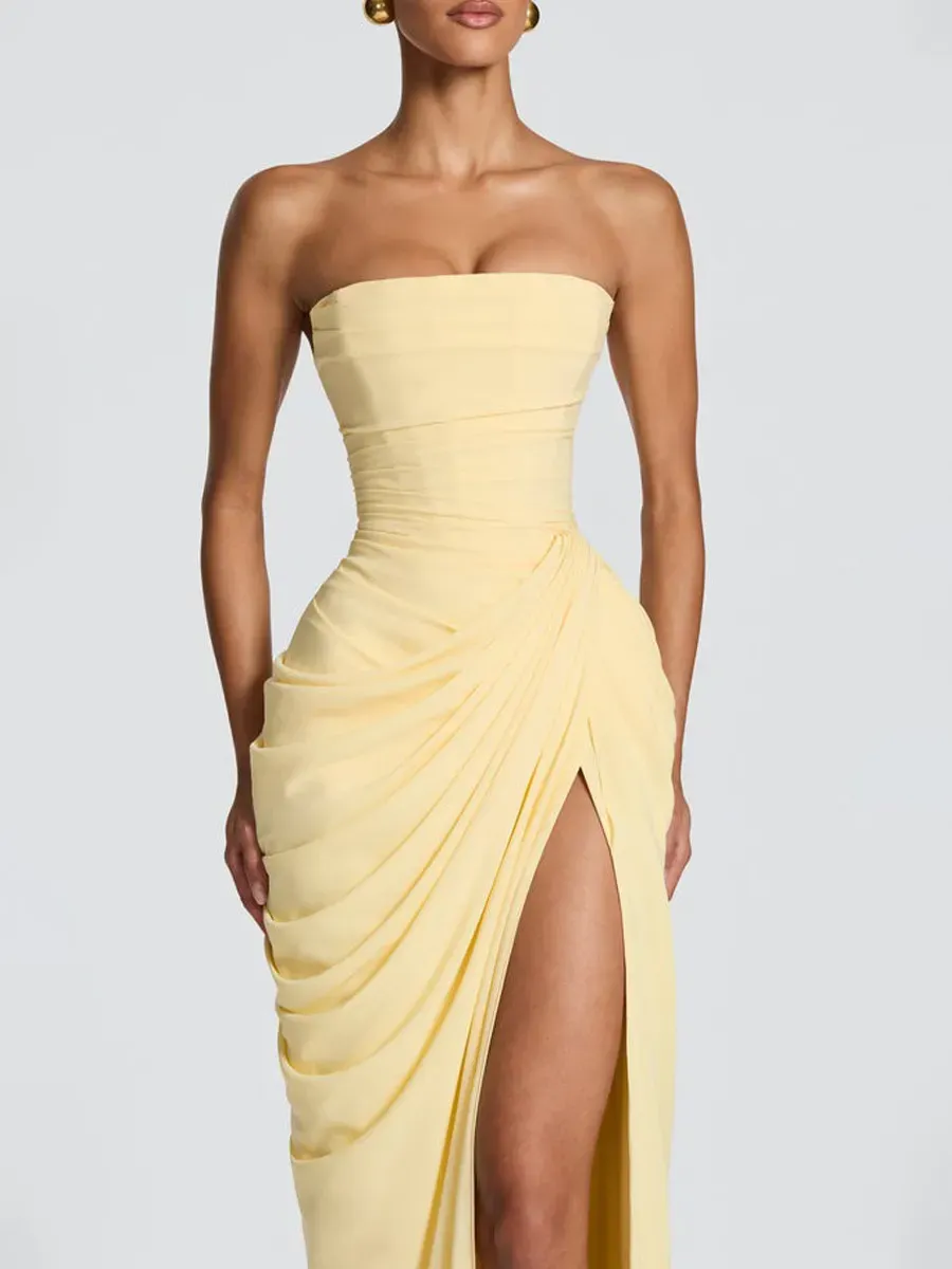 Giselle Ruched Slit Strapless Maxi Dress