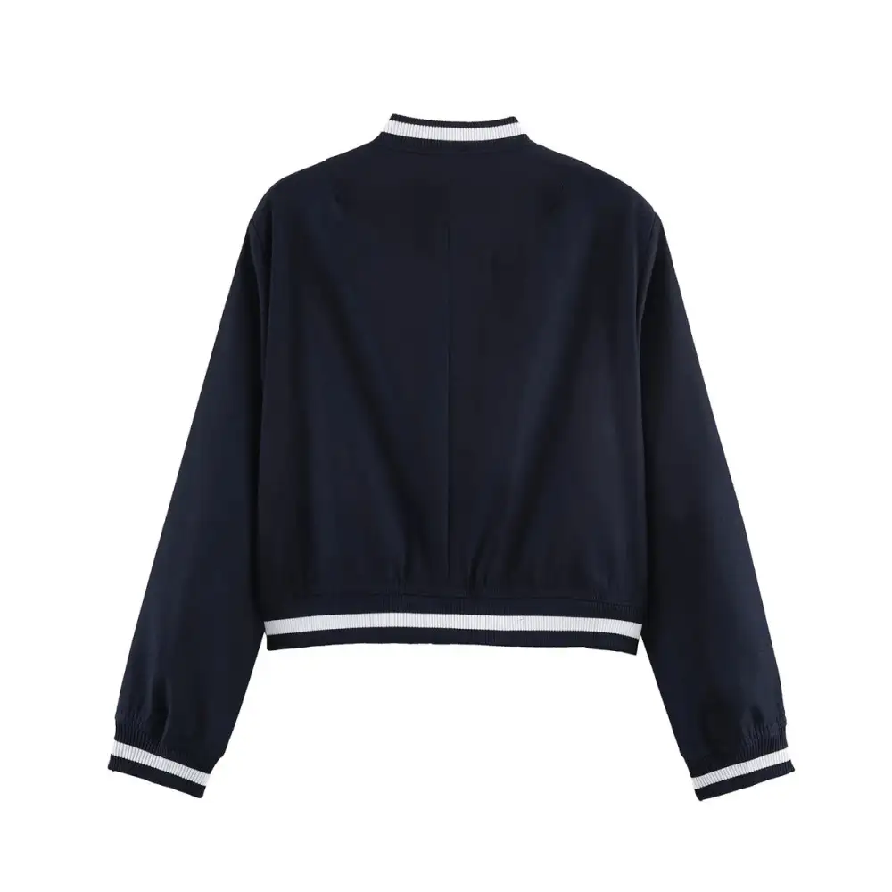 Varsity Cropped Snap Front Ribbed Trim Bomber Jacket