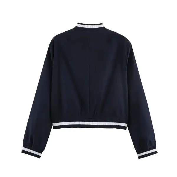 Varsity Cropped Snap Front Ribbed Trim Bomber Jacket