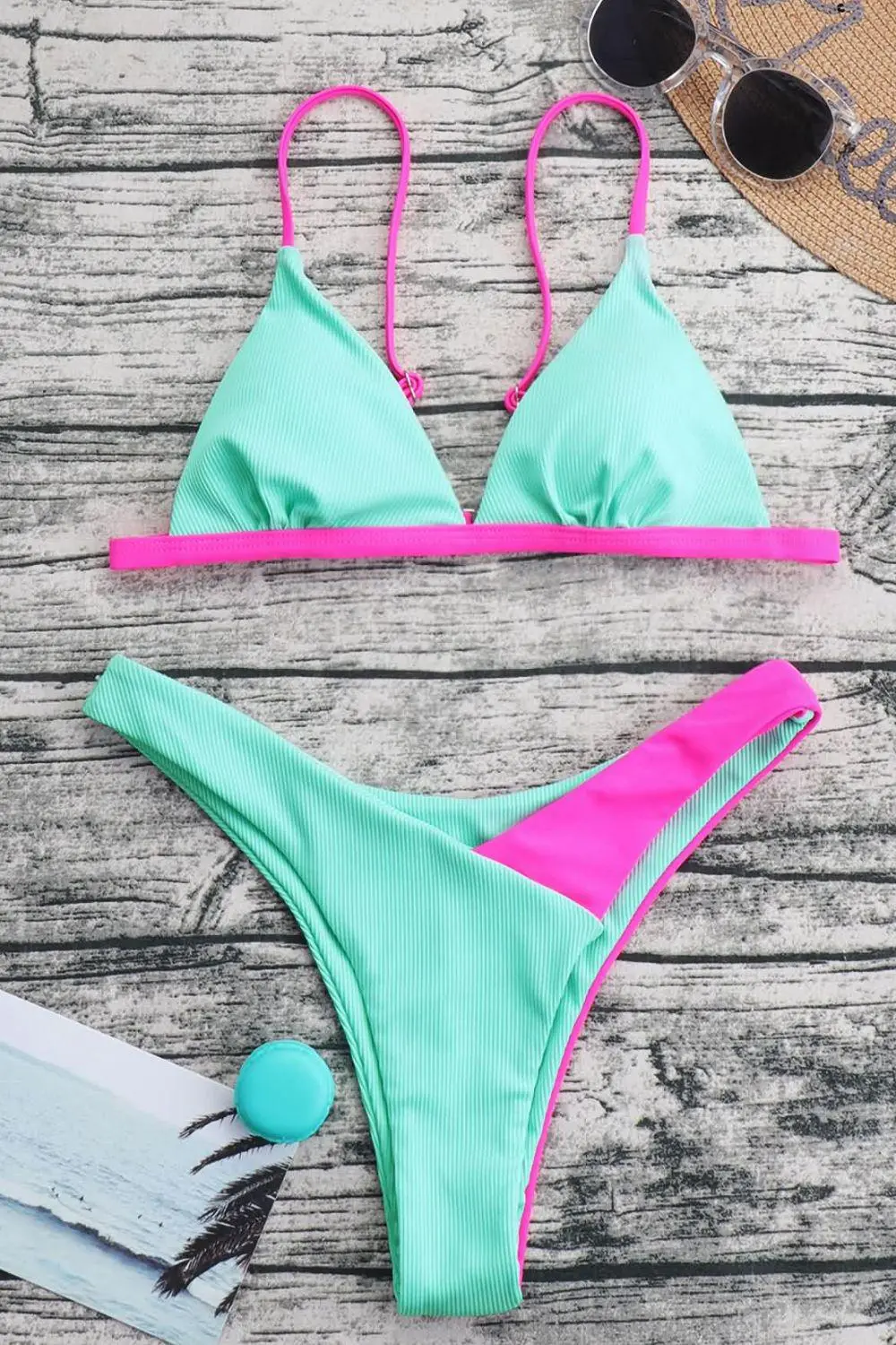 Contrast Ribbed Bikini Swim Set