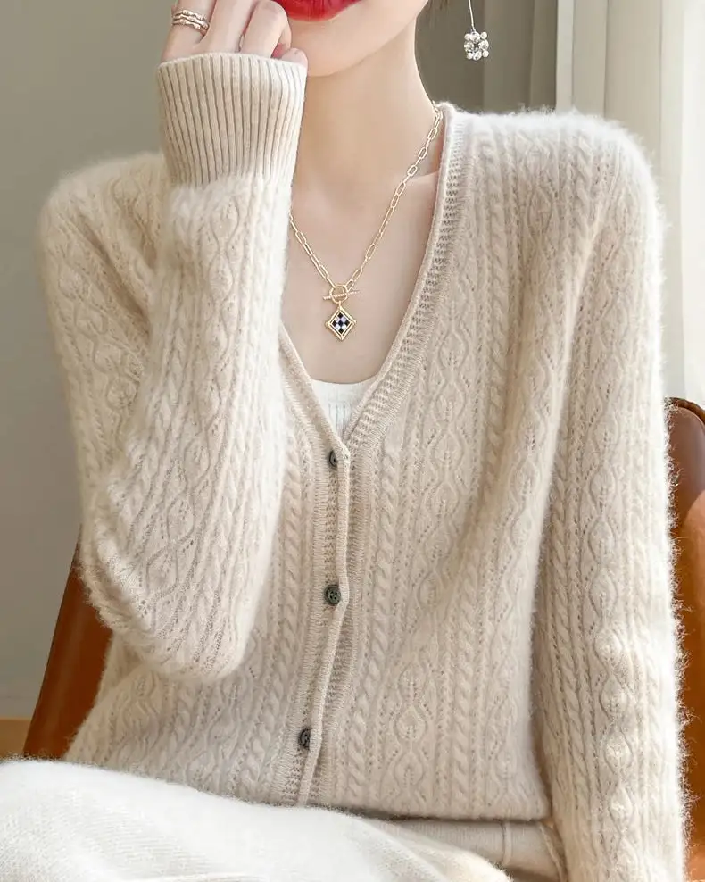 Merino-Wool Wool Button-Front V-Neck Cardigan