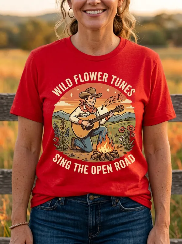 Guitar Cowboy Campfire Country Music Graphic T-Shirt