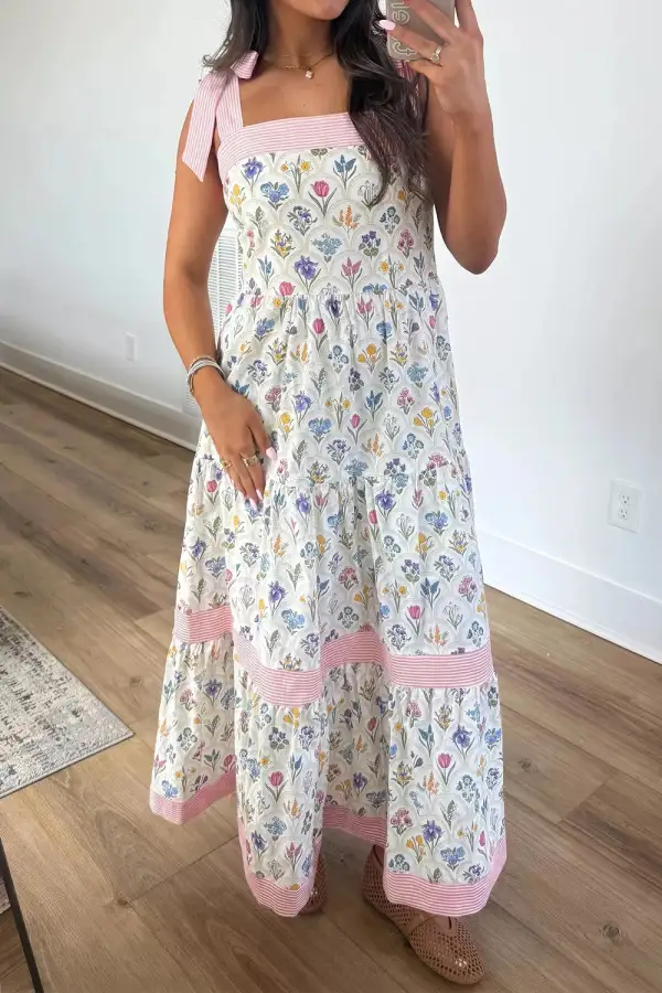 Tiered Floral Tie Shoulder Midi Dress