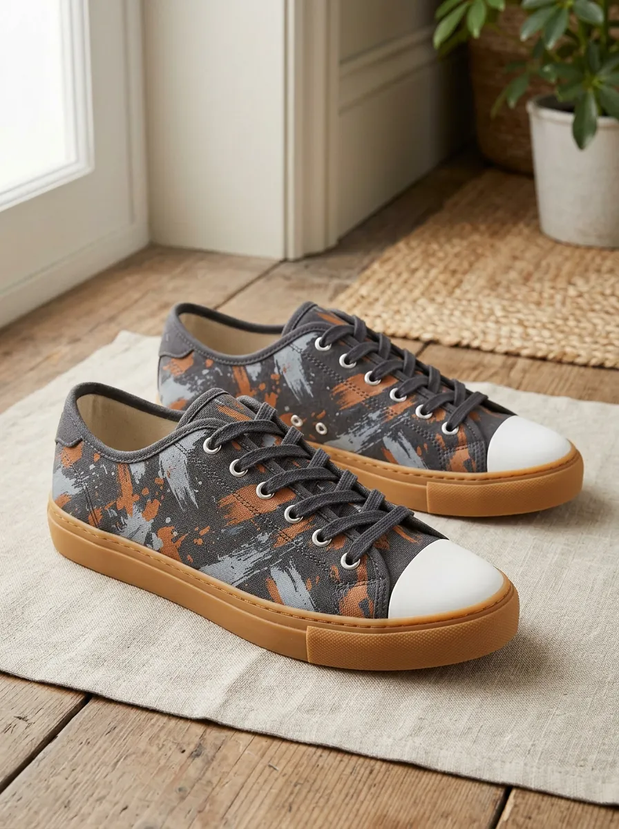 Men's Abstract Paint Splatter Grey Brown Printed Canvas Shoes