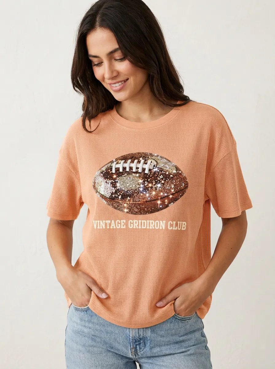 Women's Stadium Inspired Football Gridiron Ball Crew Neck Graphic T-Shirt