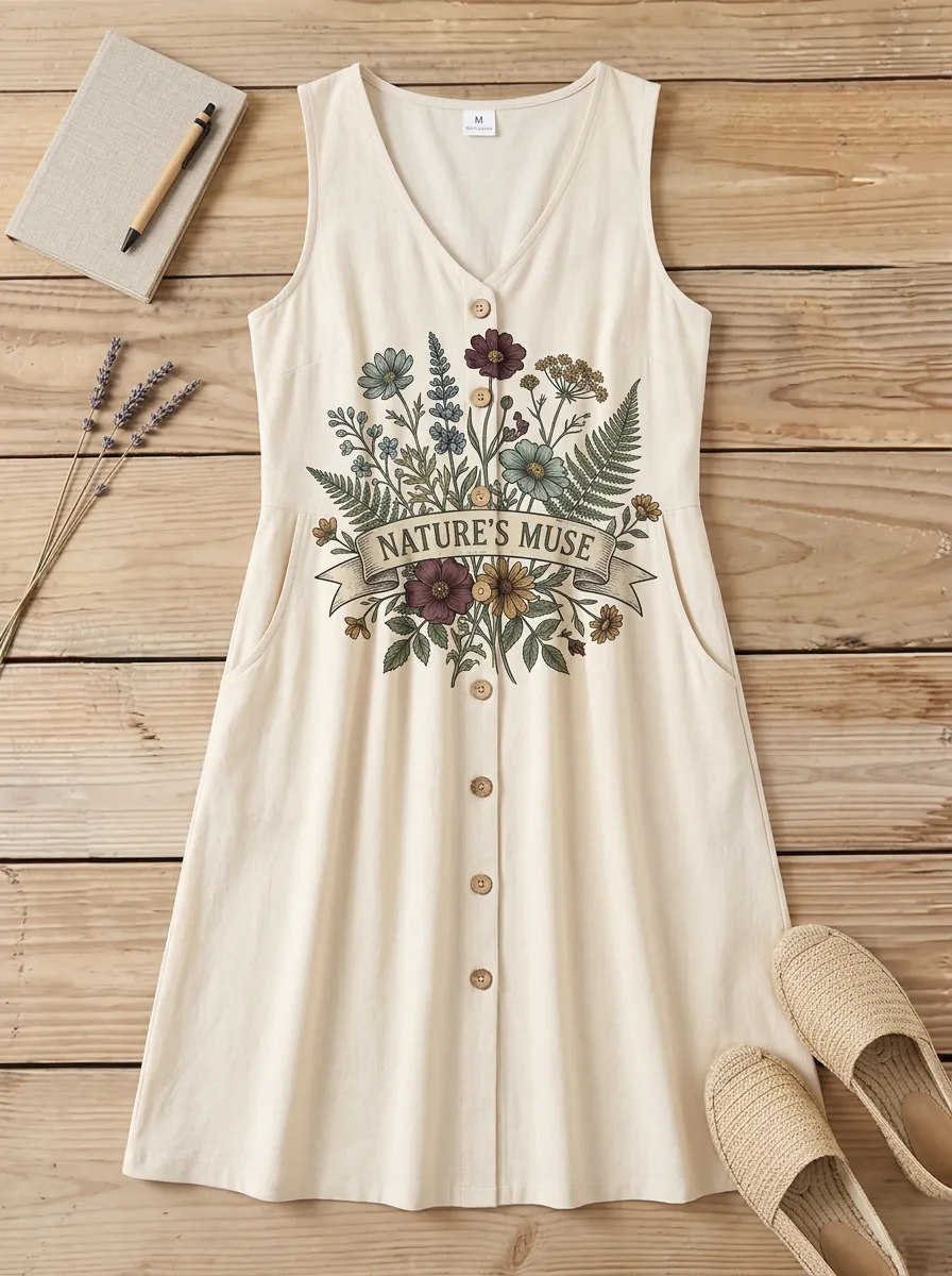 Nature Muse Botanical Flower Button Down Tank Dress