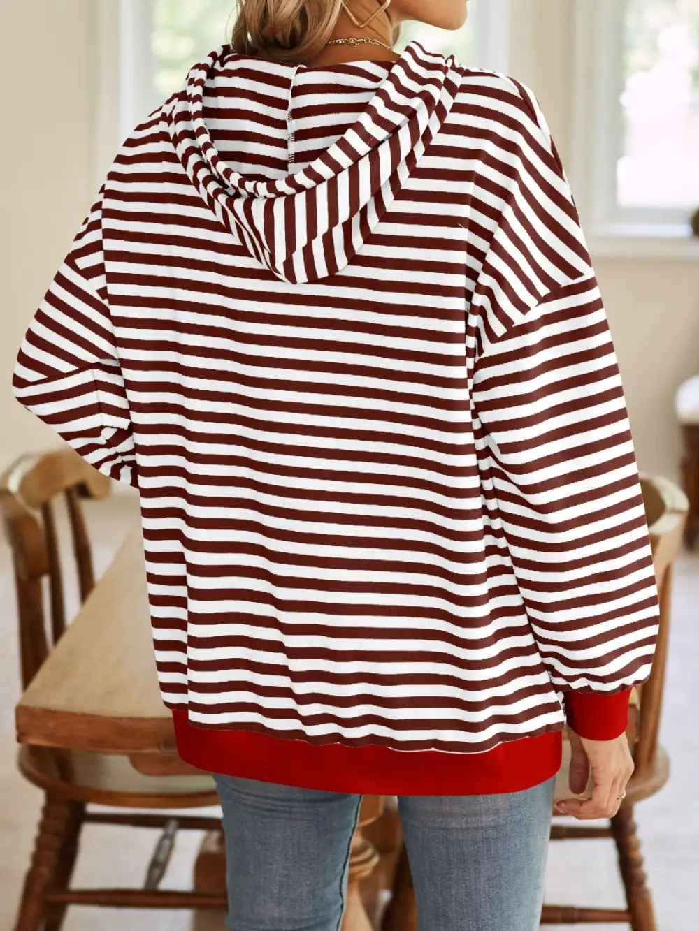 Drawstring Long-Sleeve Striped Hoodie
