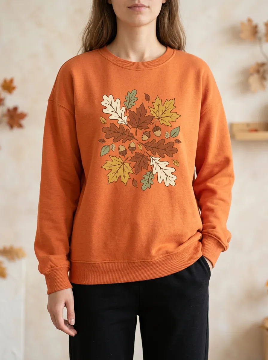 Classic Motif Maple-Leaf Printed Acorn Graphic Sweatshirt