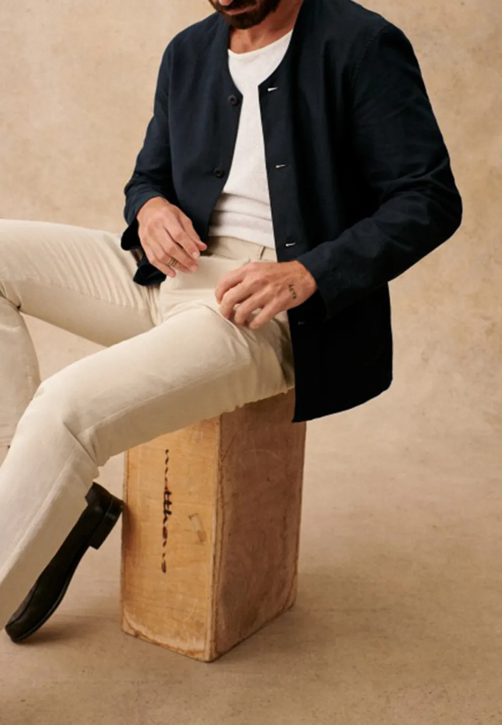 Cream Beige V-Neck Relaxed Fit Casual Jacket