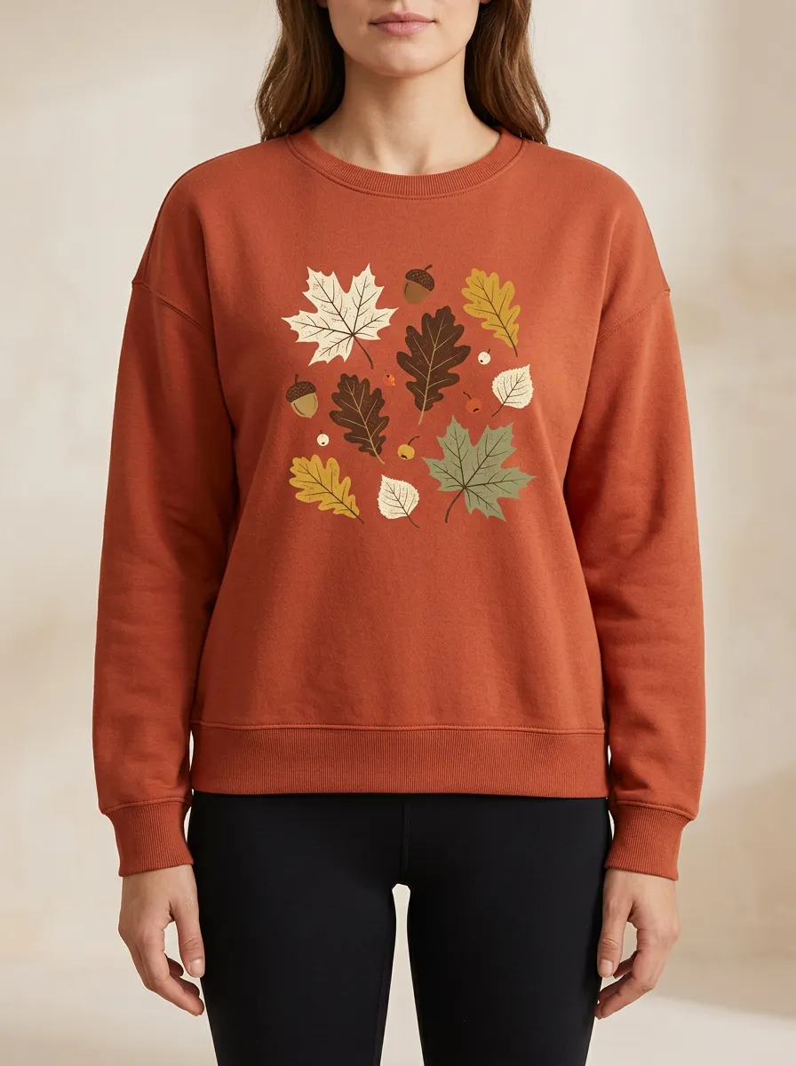 Soft Design Maple-Leaf Printed Acorn Graphic Sweatshirt