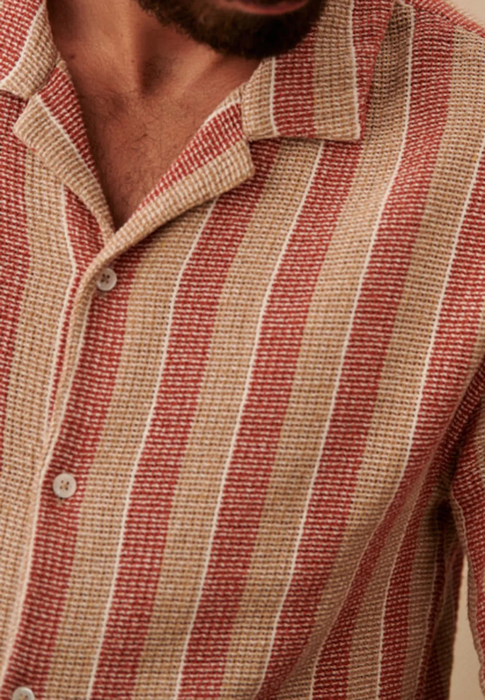 Rust Beige Stripe Textured Short Sleeve Camp Shirt