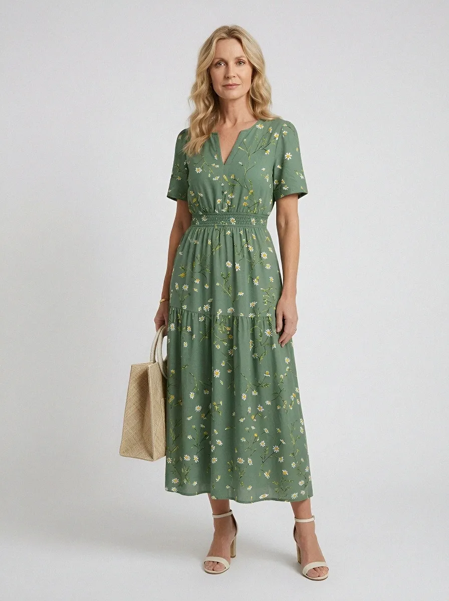 Women's Summer Vacation Daisy Floral Printed Midi Dress