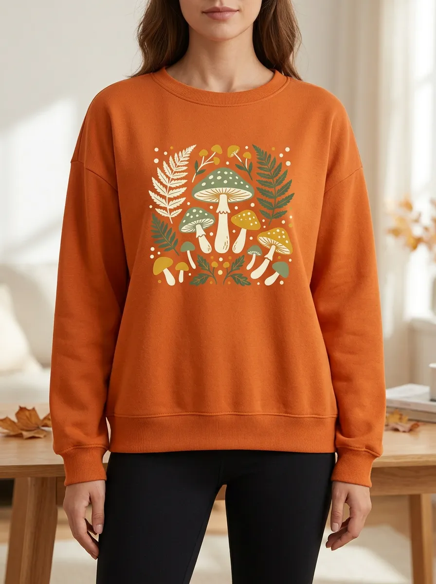 Classic Printed Mushroom Fern Graphic Sweatshirt