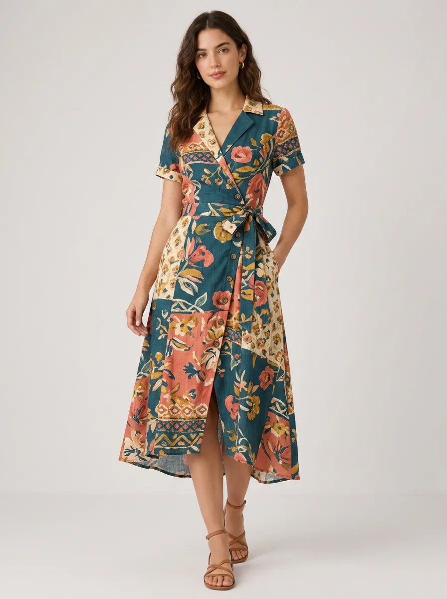 Women's Vintage Floral Patchwork Printed Wrap Dress