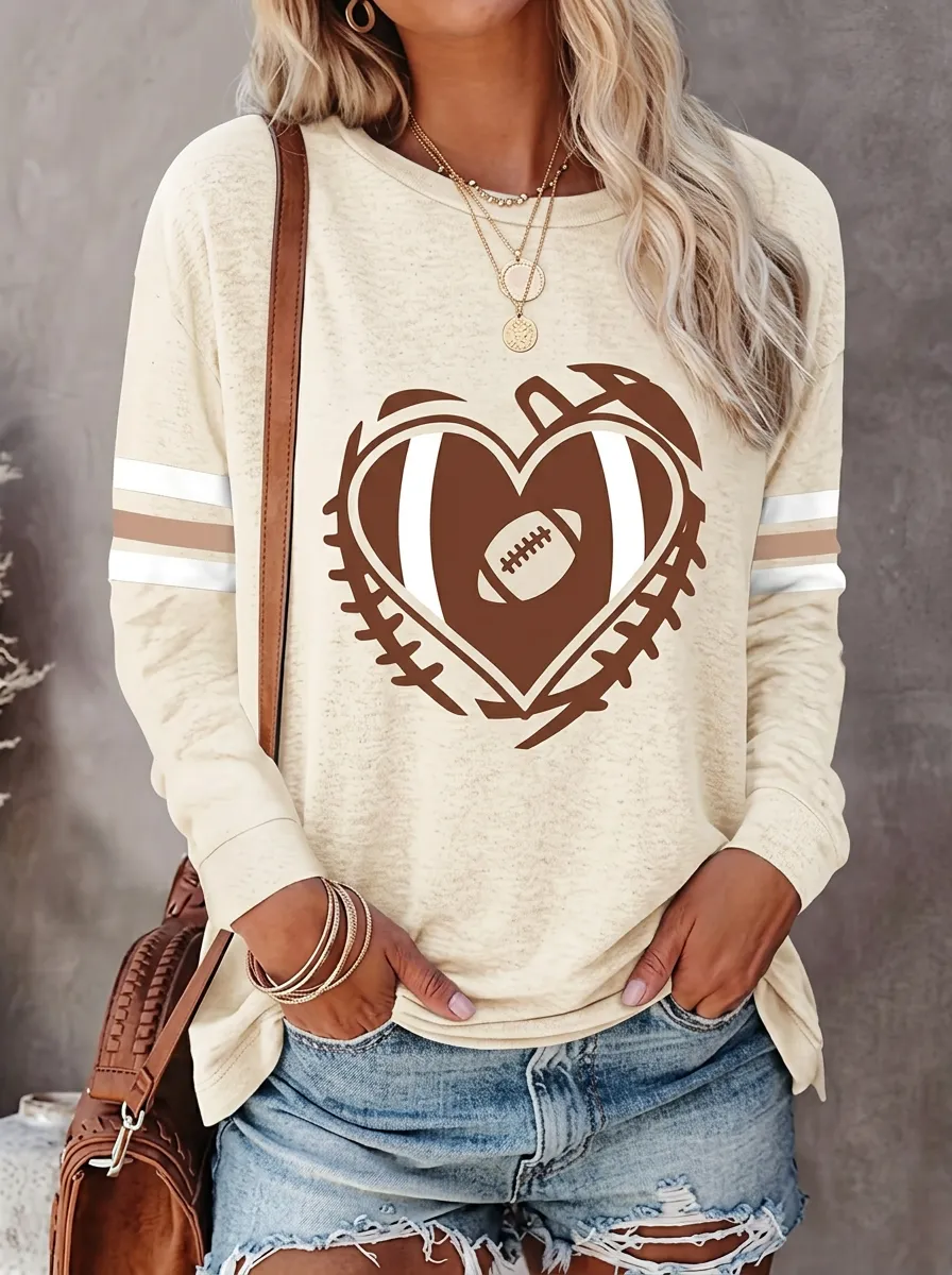 Women's Field Inspired Gridiron Heart Ball Love Crewneck Long Sleeve T-Shirt