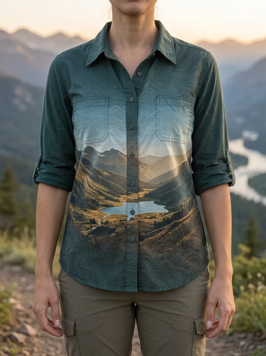 Women's Wilderness Hiking Nature Lover Mountain Lake Topographic Shirt