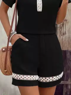 Refined Lace-Trim Two-Piece Top and Shorts Set