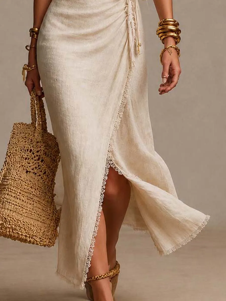 Natural Linen Wrap-Front Ruched Midi Dress With Lace Trim
