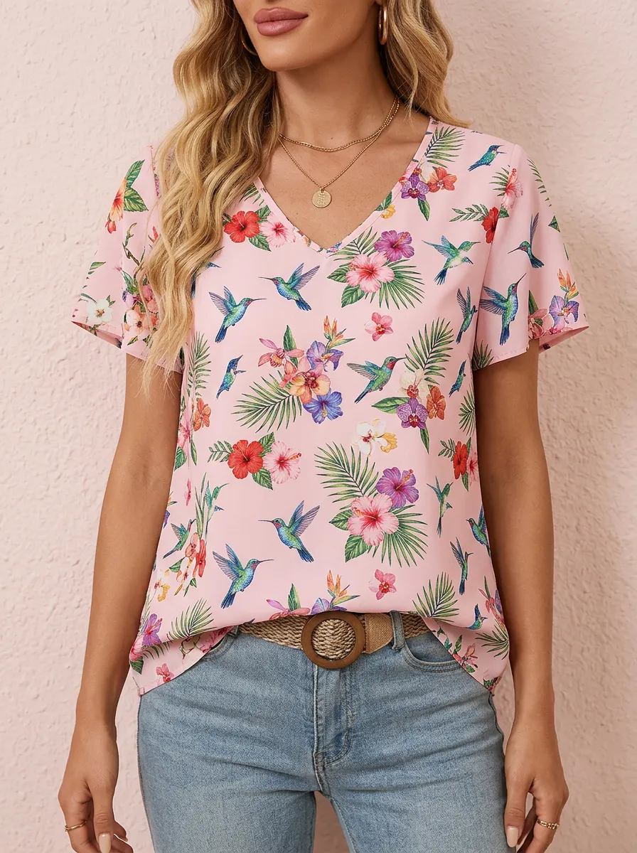 Hummingbird Hibiscus Tropical Women's Loose Printed Blouse