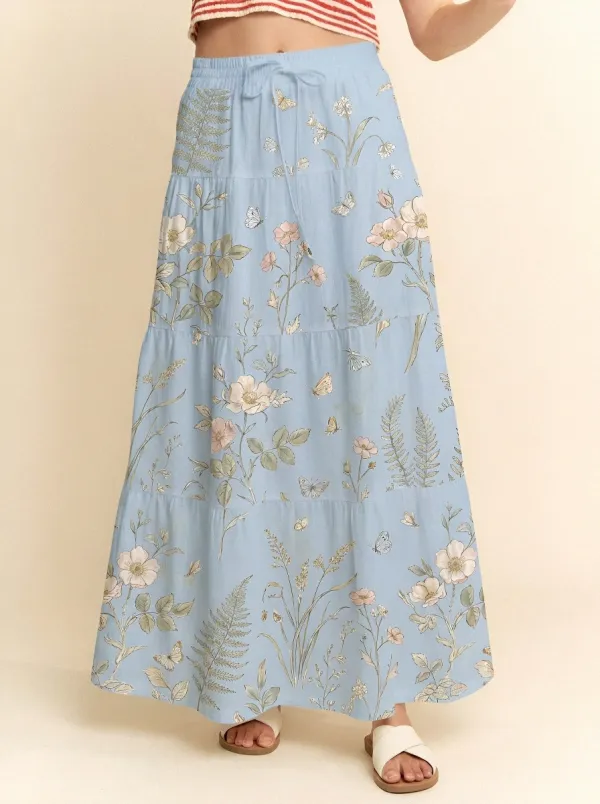 Women's Botanical Butterfly Floral Printed Tiered Maxi Skirt