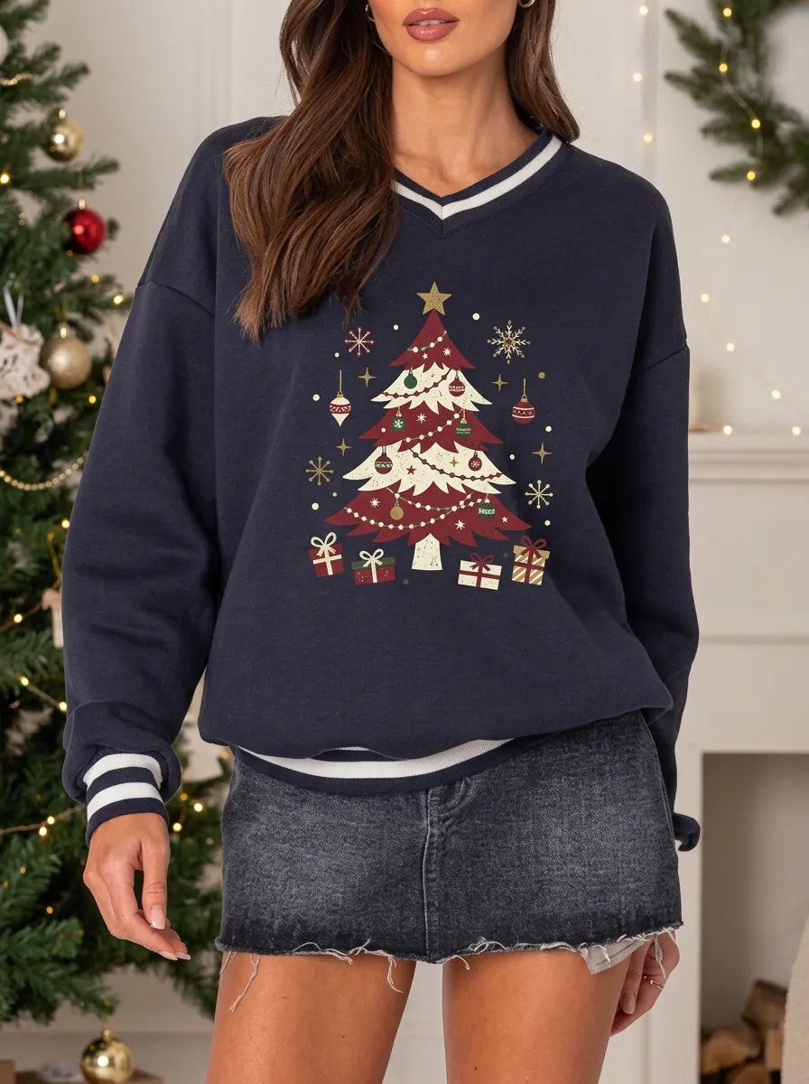 Christmas Tree Gift Box Graphic Print Sweatshirt