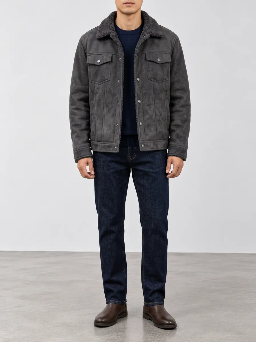 Men's Classic Grey Faux-Suede Sherpa-Lined Casual Jacket