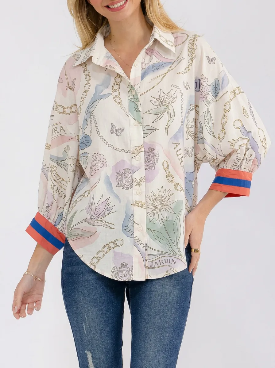 Women's Floral Chain Print Butterfly Pattern Printed Button-up Shirt