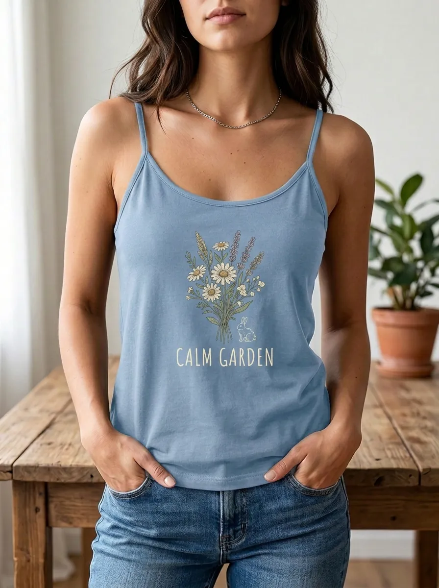 Women's Calm Garden Rabbit Wildflower Printed Tank Top