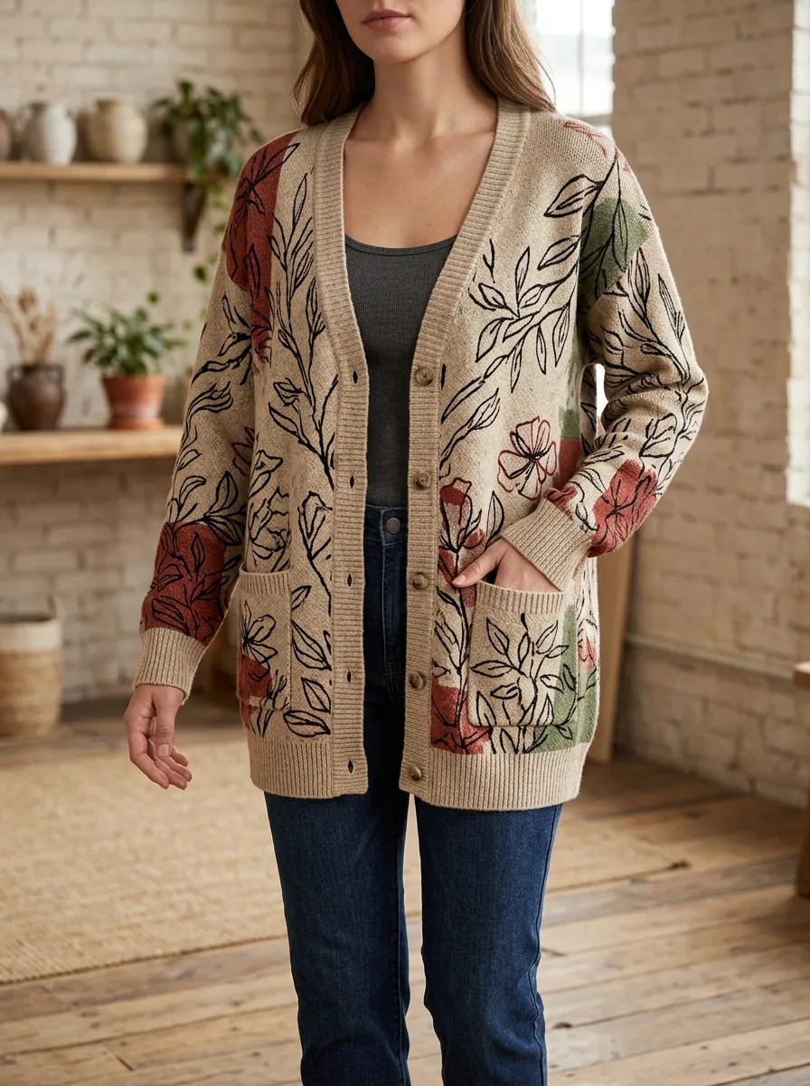 Women's Botanical Floral Art Printed Cardigan