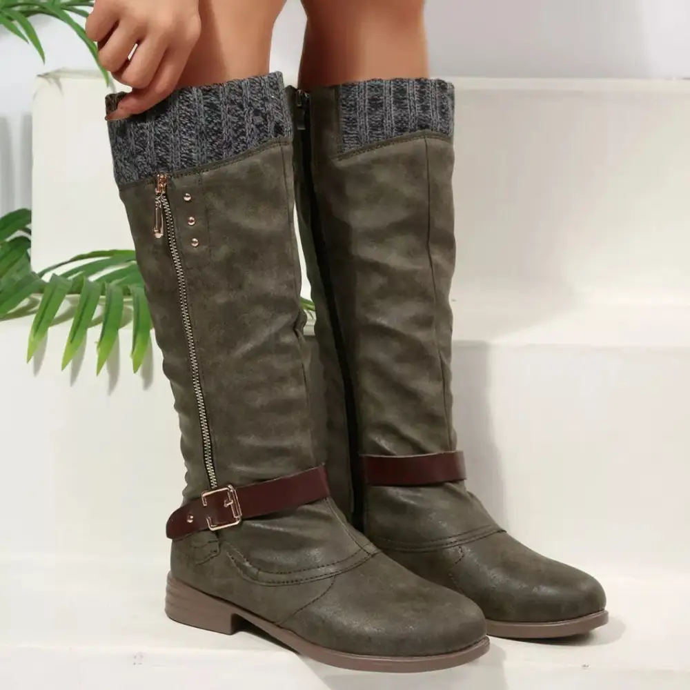 Ruffled Round Toe Block Heels Boots