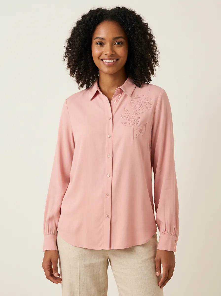 Women's Botanical Lover Pink Monstera Leaf Embroidered Shirt
