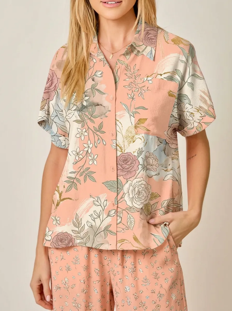 Women's Floral Lover Peach Rose Botanical Printed Button-up Shirt