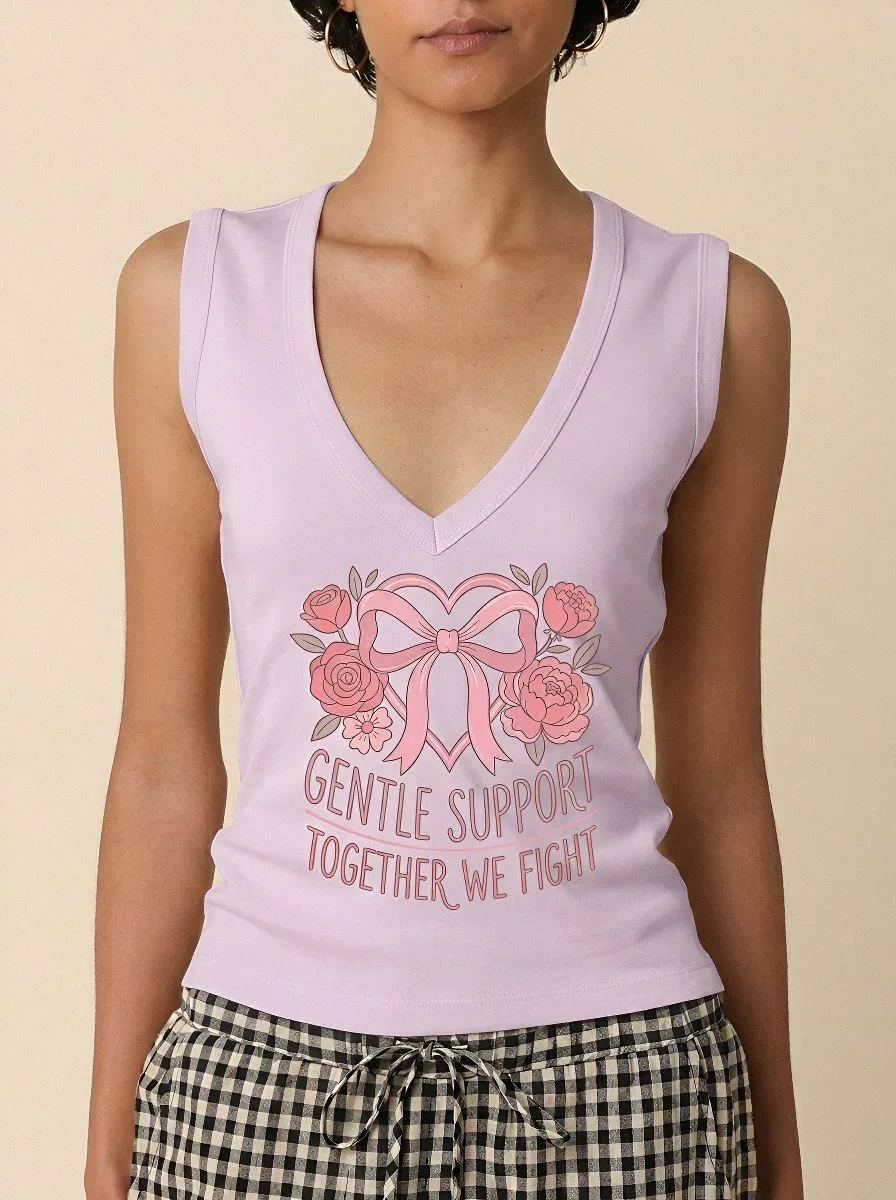 Women's Breast Cancer Awareness Floral Ribbon Printed V-neck Tank Top